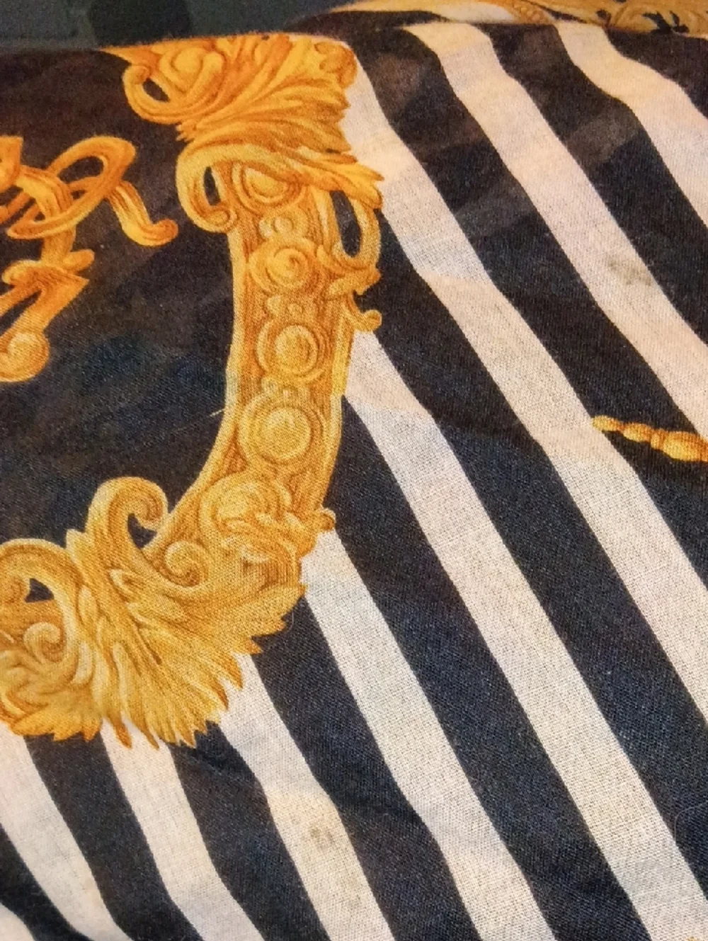 Vintage Baroque Style Christian Dior Black & White Striped Gold Medallion Scarf
